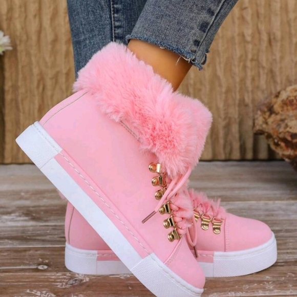 Womans Pink Suede Furry Ankle Boots Y2k - Picture 5 of 5